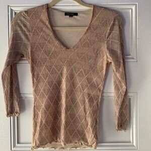 Boho top, light pink with gold and silver metallic design  neckline.